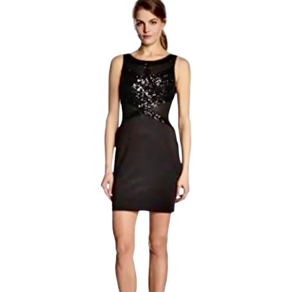 Aidan Mattox Black Sequined Illusion Stretch Ponte Knit Dress Goth Dark Fem Vamp